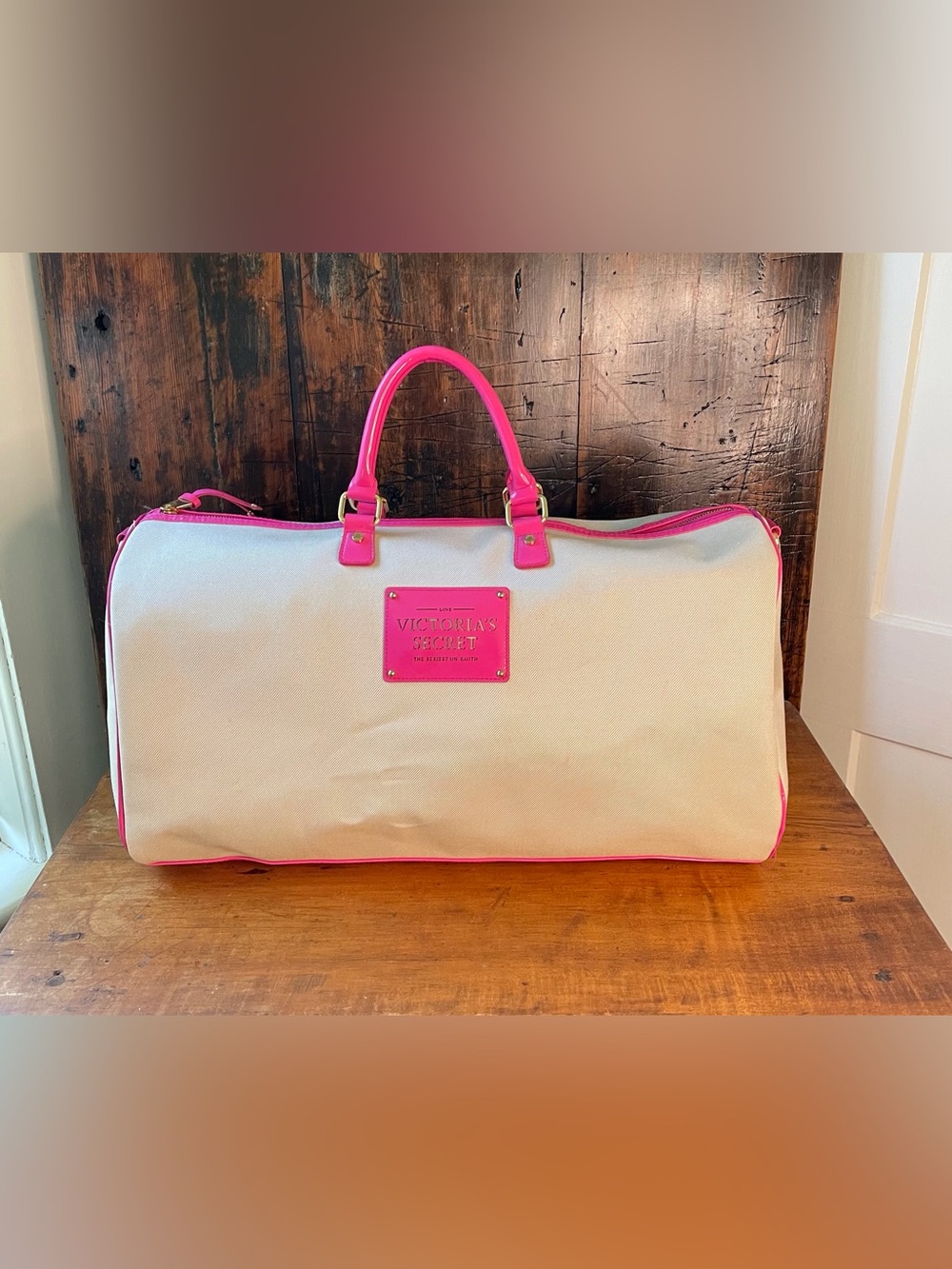 Victoria's Secret Weekender Duffel Bag Canvas Cream Hot Pink Y2K Travel Satchel - Picture 4 of 13